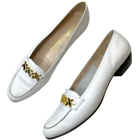 Salvatore Ferragamo Shoes - Salvatore Ferragamo White Leather Buckle Loafers Shoes Block Heel Size 9.5